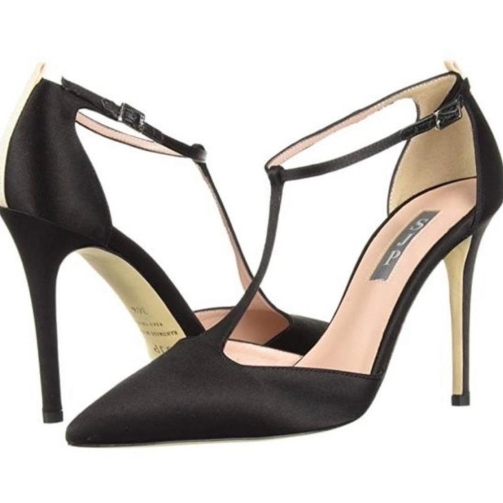 SJP by Sarah Jessica Parker Black Satin T-Strap Pointed Pumps with Gold Heel